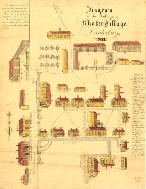 Diagram of the south part of Shaker Village, Canterbury, NH.