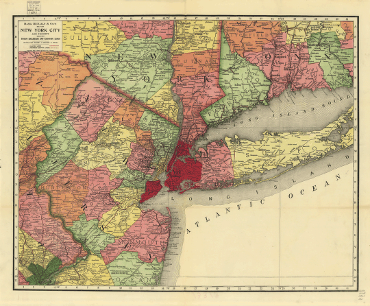 Rand, McNally & Co.'s map of New York city and vicinity showing steam railroads and electric lines.