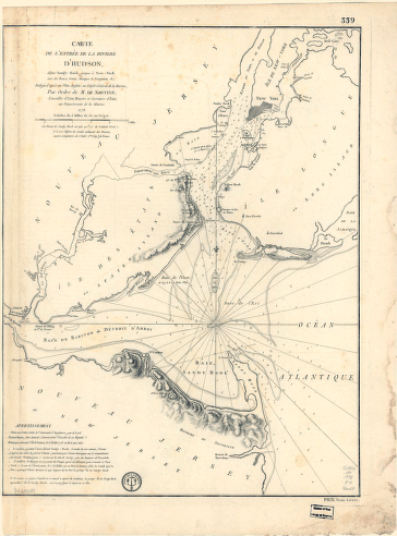 Carte de l'entrée de la rivière d'Hudson, dépuis Sandy-Hook jusques à New-York avec les bancs, sondes, marques de navigation