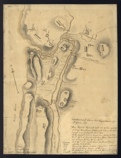 Disposition of British troops, with fortifications north of Fort Knipehausen, i.e. Fort Washington to Fort Independence.