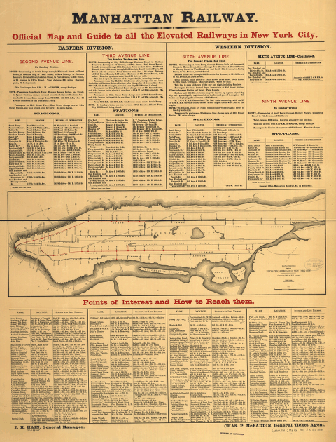 Map and guide of the elevated railroads of New York City.