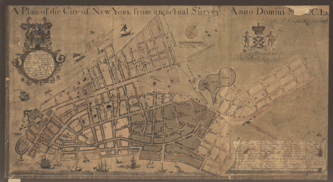 A plan of the city of New York from an actual survey, anno Domini, M[D]CC,LV by F. Maerschalck, city surveyor.