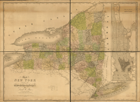 Map of New York exhibiting the post offices, post roads, canals, rail roads