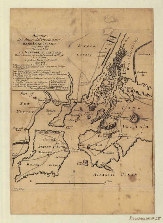 Attaque de l'armée des provinciaux dans Long Island du 27. aoust 1776; dessin de l'isle de New-York et des Etats