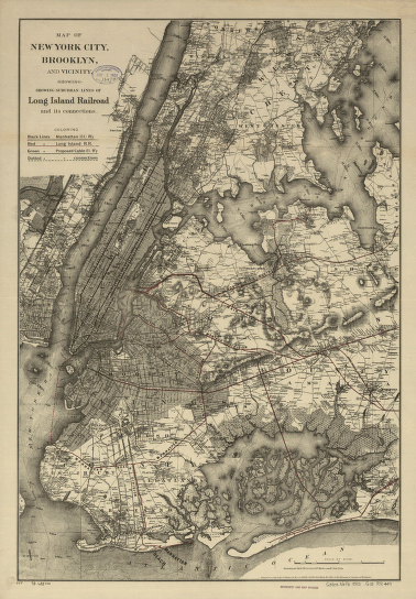 Map of New York City, Brooklyn, and vicinity, shewing [sic] suburban lines of Long Island Railroad and its connections.