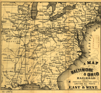 A map of the Baltimore & Ohio Railroad and its principal connecting lines uniting all parts of the East & West.