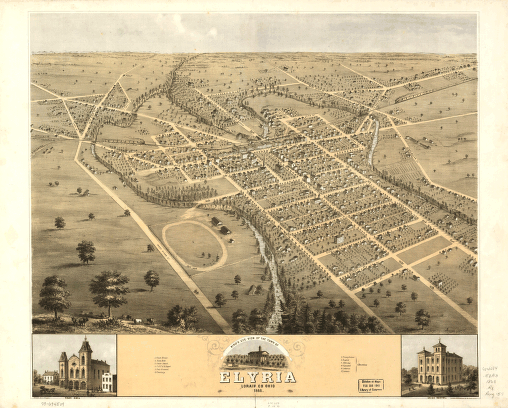Bird's eye view of the town of Elyria, Lorain Co., Ohio 1868