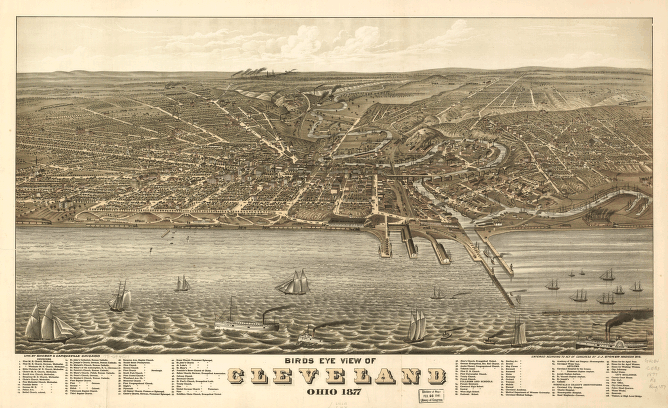 Birds eye view of Cleveland, Ohio 1877. A. Ruger artist. Lith. by Shober & Carqueville.