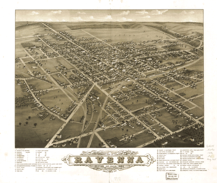 Panoramic view of the city of Ravenna, county seat of Portage Co., Ohio 1882.