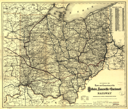 Map showing the route and connections of the Bellaire, Zanesville and Cincinnati Railway.