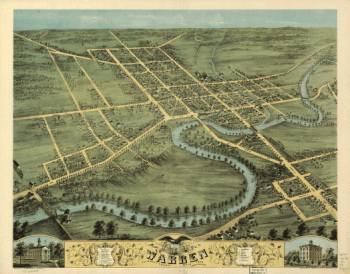 Bird's eye view of Warren, Trumbull County, Ohio 1870. Merchants Lithographing Co.