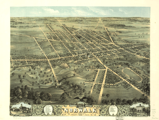 Bird's eye view of Norwalk, Huron County, Ohio 1870. Merchants Lithographing Co.