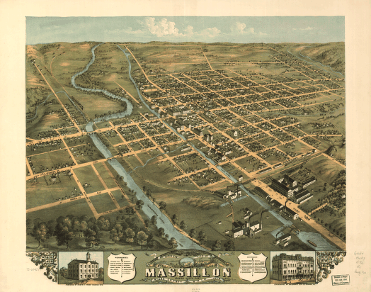 Bird's eye view of Massillon, Stark County, Ohio 1870. Lithographed by Merchants Lith. Co.
