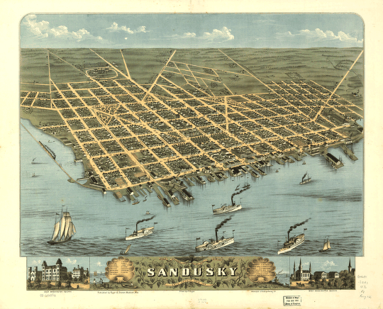 Bird's-eye-view of the city of Sandusky, Erie County, Ohio 1870. Drawn by A. Ruger. Chicago Lithographing Co.