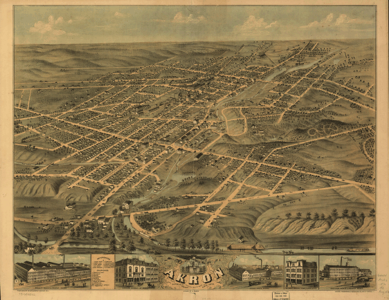 Bird's eye view of the city of Akron, Summit County, Ohio 1870. Drawn by A. Ruger. Chicago Lithographing Co.