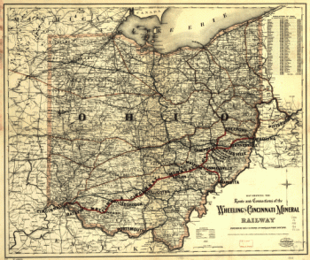Map showing the route and connections of the Wheeling and Cincinnati Mineral Railway.
