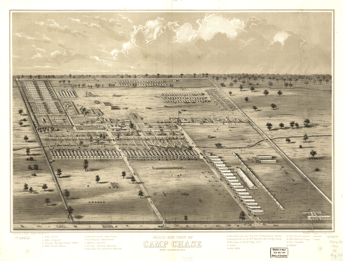 Bird's eye view of Camp Chase near Columbus, Ohio. Drawn by A. Ruger.