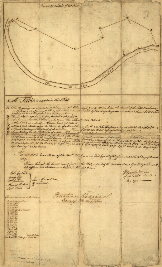Plat of a survey of 2,314 acres of land, being the first large bottom on the east side of the Ohio River