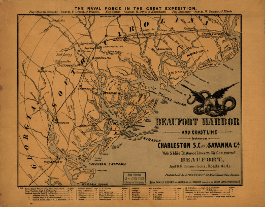 Beaufort Harbor and coast line between Charleston, S.C. and Savanna Ga., with 5 mile distance lines in circles round Beaufort, and R.R. connections, roads