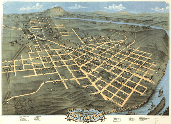 Birds eye view of the city of Chattanooga, Hamilton County, Tennessee 1871. Drawn & published by A. Ruger.