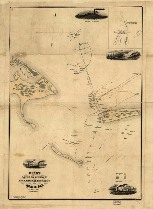 Chart showing the entrance of Rear Admiral Farragut into Mobile Bay. 5th of August 1864