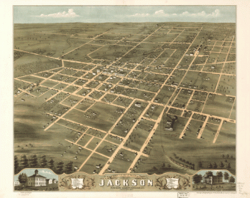 Bird's eye view of the city of Jackson, Madison County, Tennessee 1870. Drawn by A. Ruger.