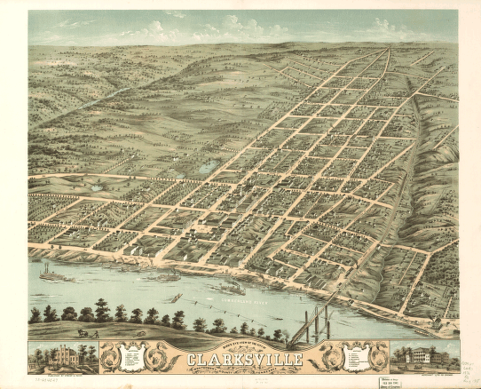 Bird's eye view of the city of Clarksville, Montgomery County, Tennessee 1870. Merchant Lith. Co.