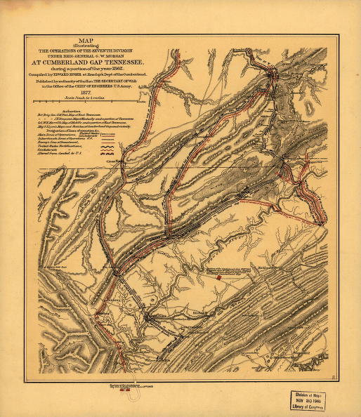 Map illustrating the operations of the Seventh Division under Brig. General G. W. Morgan at Cumberland Gap, Tennessee, during a portion of the year 1862