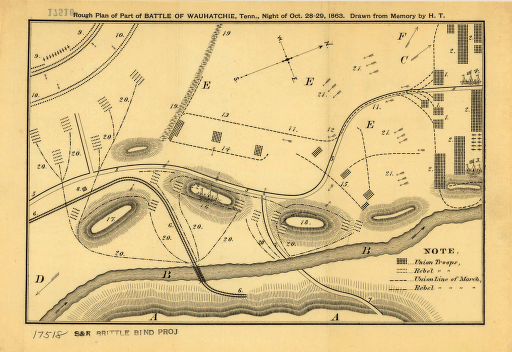 Rough plan of part of battle of Wauhatchie, Tenn., night of Oct. 28-29, 1863 Drawn from memory by H. T. [i.e., Hector Tyndale. 188-].