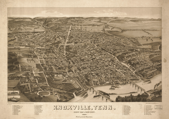 Knoxville, Tenn. county seat of Knox County 1886. [Drawn by] H. Wellge. Beck & Pauli, litho.