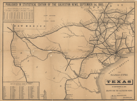 The railroad system of Texas on September 1st, 1883 / drawn for the Galveston news by E.A. Hensoldt.