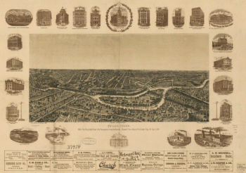 Dallas, Texas. With the projected river and navigation improvements viewed from above the sister city of Oak Cliff