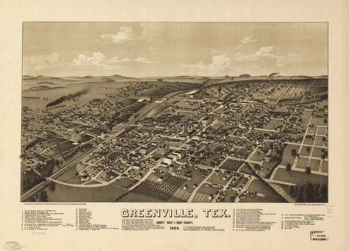 Greenville, Tex., county seat of Hunt County 1886. H. Wellge, sk. Beck & Pauli, litho.