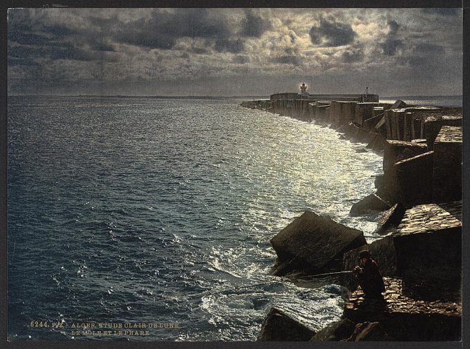 Moonlight view, with lighthouse, Algiers, Algeria