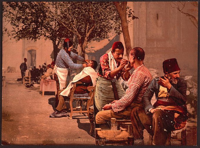 Barbers near Seraskierrat (i.e., Seraskerat) Constantinople, Turkey