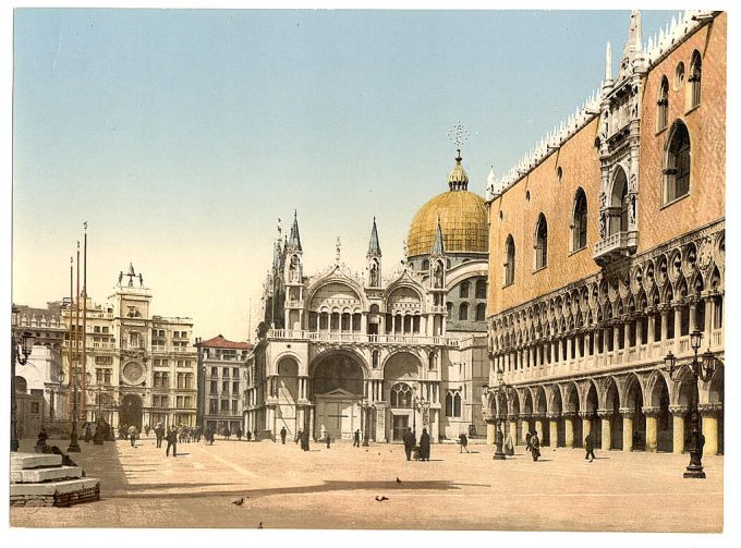 Clock tower, St. Mark's, and Doges' Palace, Piazzetta di San Marco, Venice, Italy