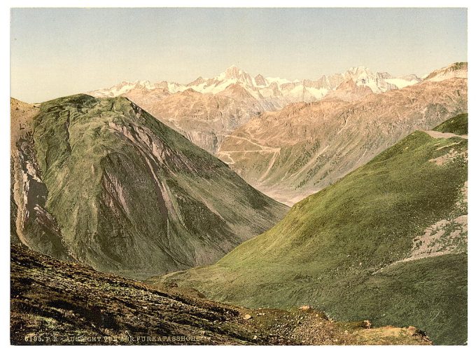 Furka Pass, view from the summit, Bernese Oberland, Switzerland