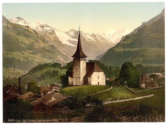 Frutigen, church and Alps, Bernese Oberland, Switzerland
