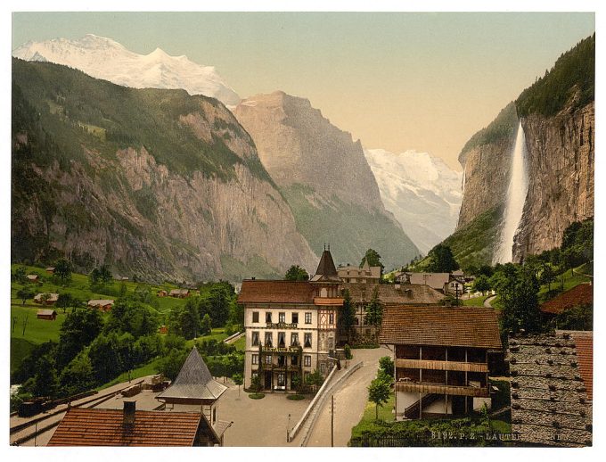 Lauterbrunnen Valley with Staubbach and Hotel Steinbock, Bernese Oberland, Switzerland