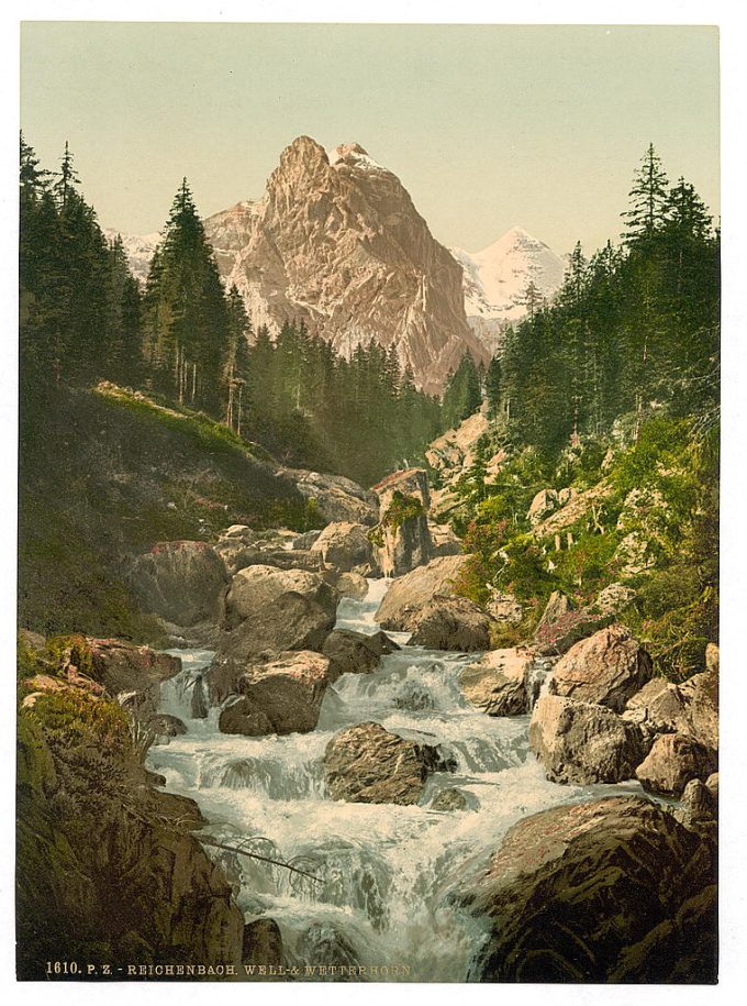 Reichenbach, with well and Wetterhorn, Bernese Oberland, Switzerland