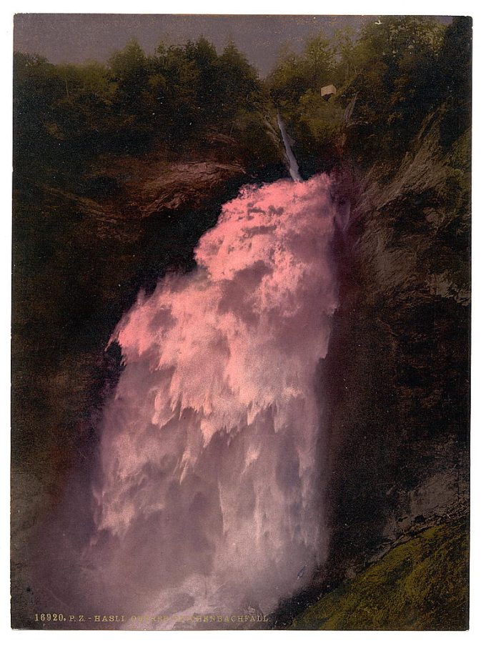 Reichenbach, the Upper Falls, lighted by Bengal lights, Bernese Oberland, Switzerland