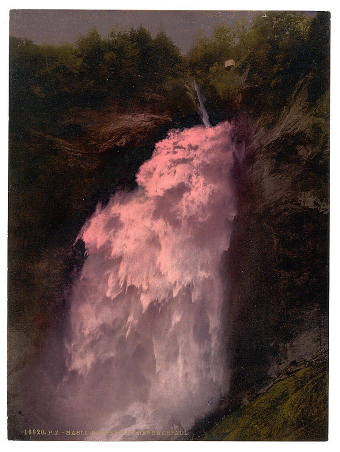 Reichenbach, the Upper Falls, lighted by Bengal lights, Bernese Oberland, Switzerland