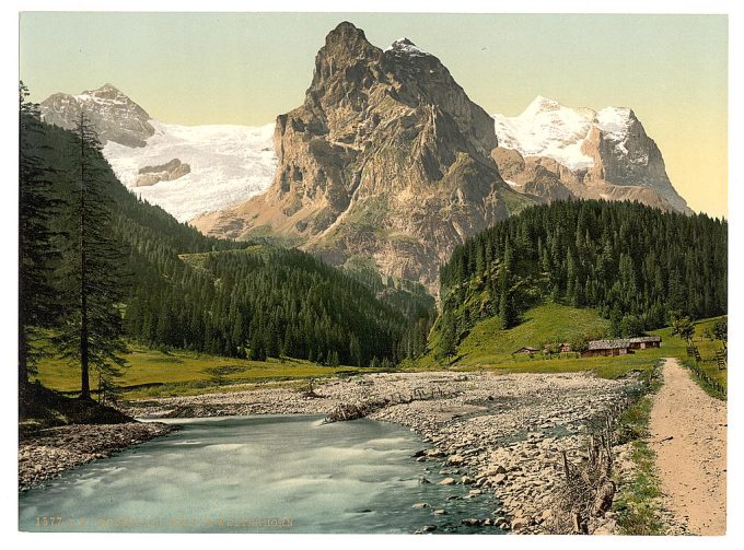 Rosenlaui, with well and Wetterhorn, Bernese Oberland, Switzerland