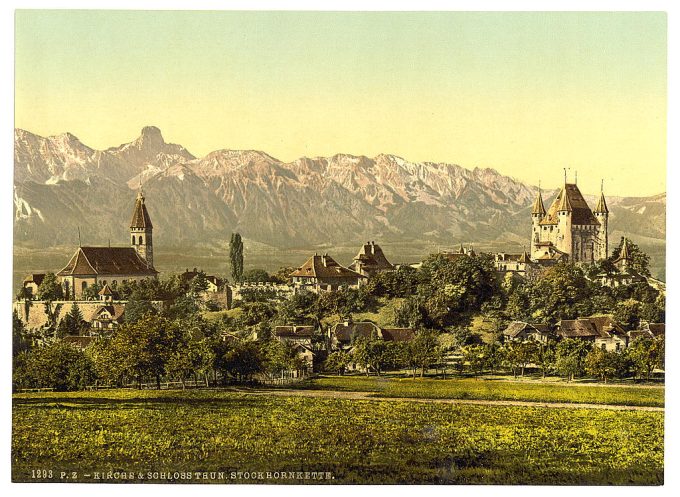 Thun, church and castle, with view of Stockhorn, Bernese Oberland, Switzerland