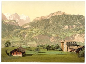 Well and Wetterhorn, with Hotel Alpbach, Bernese Oberland, Switzerland
