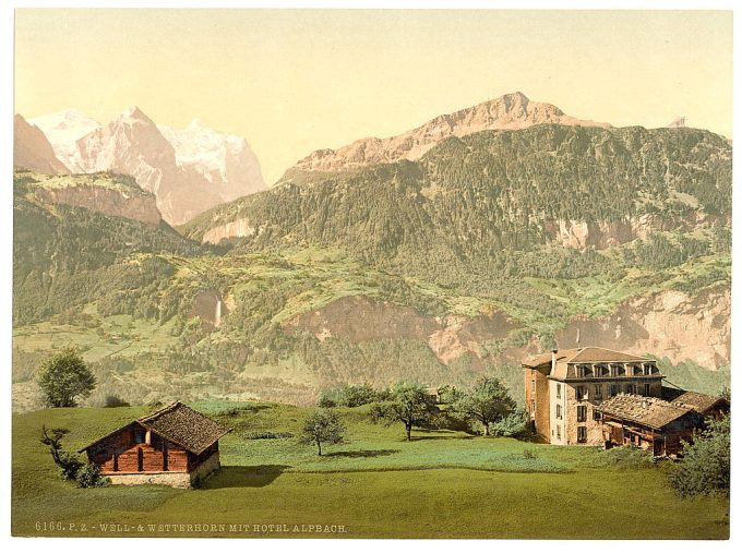 Well and Wetterhorn, with Hotel Alpbach, Bernese Oberland, Switzerland