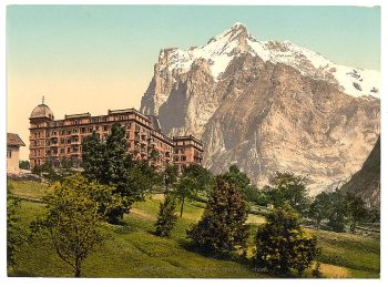 Grindelwald, view of Hotel Bären and Wetterhorn Mountain, Bernese Oberland, Switzerland