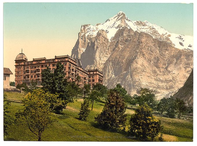 Grindelwald, view of Hotel Bären and Wetterhorn Mountain, Bernese Oberland, Switzerland