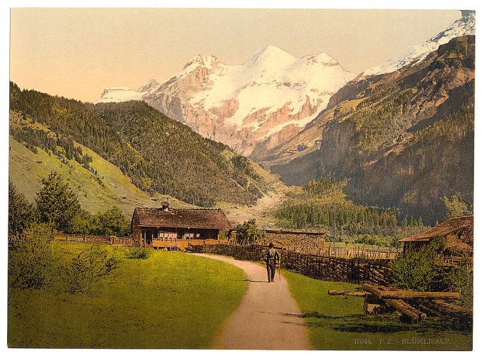 Blümlisalp and chalets, Bernese Oberland, Switzerland