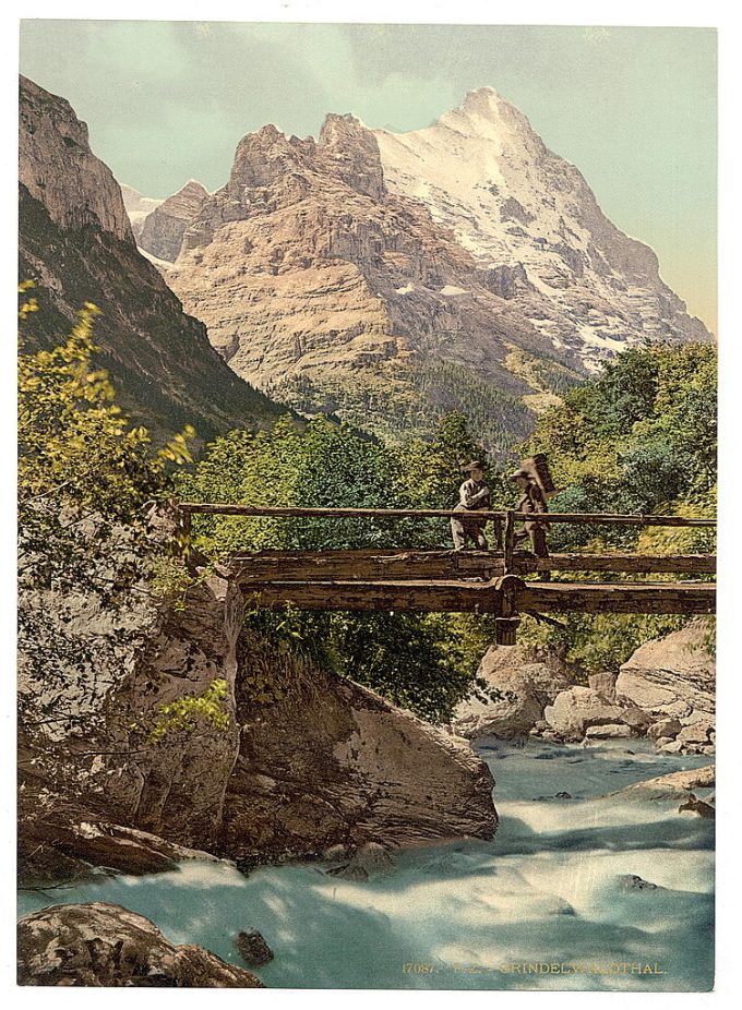 Grindelwald, footbridge and mountain peaks, Bernese Oberland, Switzerland